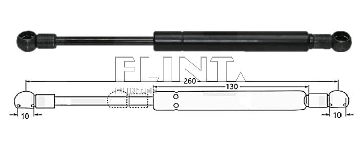 The product is a black hydraulic damper with two mounting points featuring rubber balls. The extended length is 260 mm and the retracted length is 130 mm.