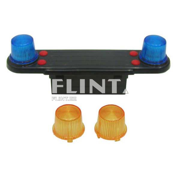 The product features a black plastic base with two blue light bulbs on top, accompanied by red buttons. Two orange light covers are placed separately from the base.