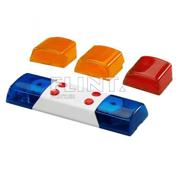 The image shows a small vehicle light with blue and white elements. Two orange lights are positioned on the left, and a red light is on the right. In the center of the light are two red buttons.
