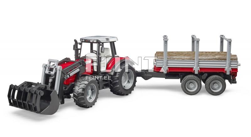 Tractor with front loader Massey Ferguson 7480 + timber transport trailer Bruder 1:16