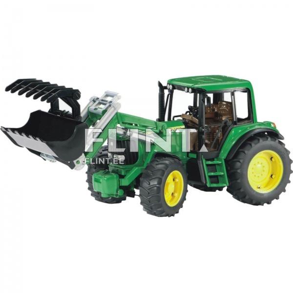 A green modeled tractor with a black loading bucket. The tractor has large yellow wheels and an open cabin showcasing a brown seat and controls.