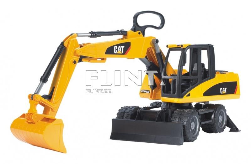A toy excavator in yellow color, featuring a movable arm and bucket. The large scoop at the front is prominent and rounded.