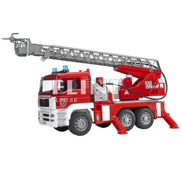 A red fire truck featuring a ladder and various equipment. The ladder is made of metal and extends high. The front of the vehicle has blue lights and a steering wheel.
