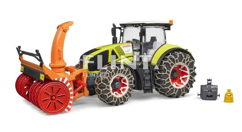 The model features a green and black tractor with thick snow chain tires. In front of the tractor is an orange snow blower, and next to it is a red brush attachment. The product also includes two additional accessories.