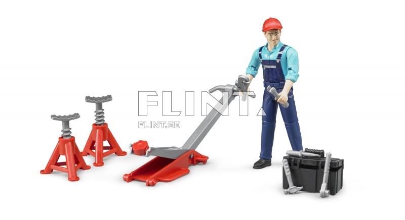Workshop figure set with mechanic, car jack, supports and tools Bruder