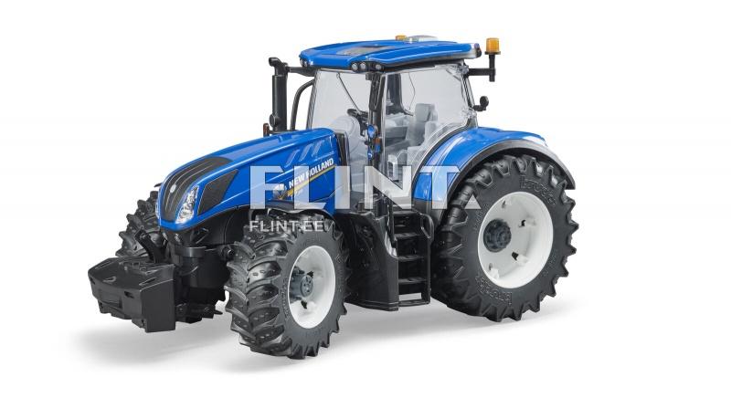 A blue tractor with black tires, clearly defined contours, and detailed design. The manufacturer's logo is visible on the sides, and a flashing light is mounted on the roof.