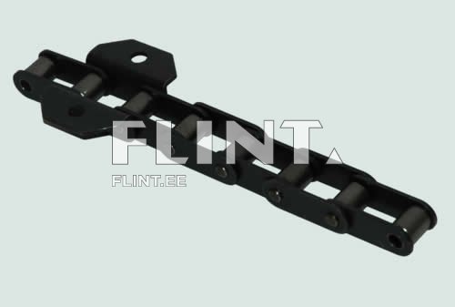 Mustast metallist hingedetail, kus on kuus rullikat, mis on paigutatud ühte ritta, ja üks kinnituskoht ühel küljel.