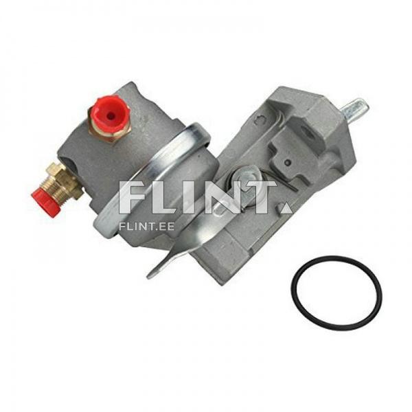 A valve made of molded material, featuring a red shut-off device and a brass connection. The valve is round with a metallic handle.