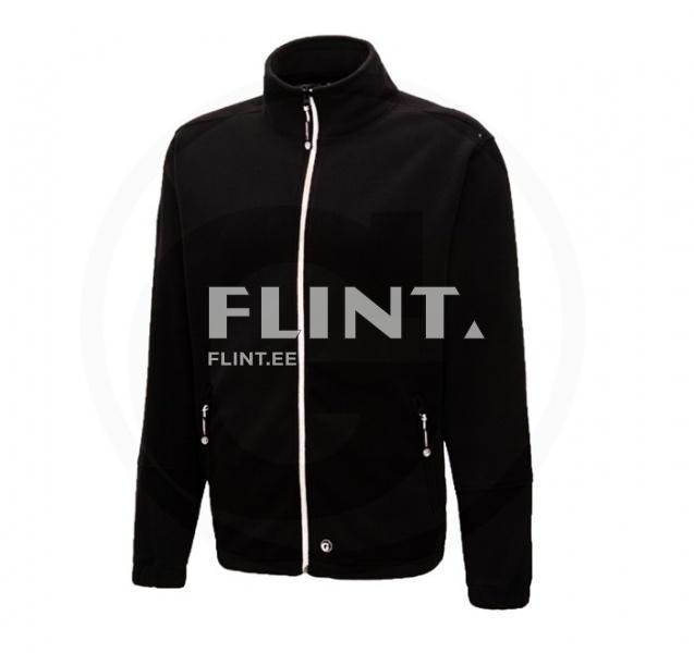 A black zip-up jacket featuring a high collar and a full front zip. It has zippered pockets on the front and sides.