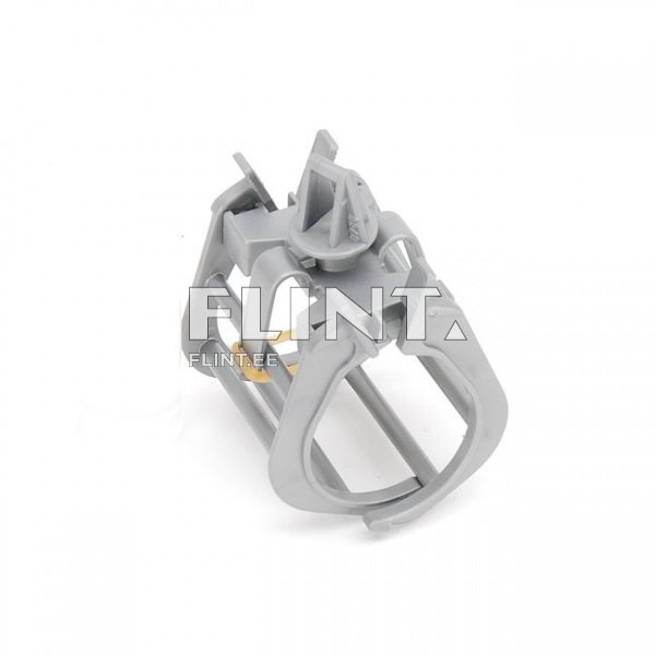 Hall hallitusvorm, millel on kaks kumerat käepidemeosa ja keskmine ring, mis on valmistatud hallist plastist.