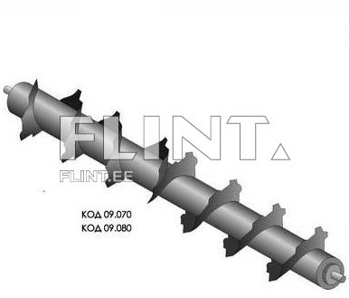 The image features a metal spiral shaft with sharp blades evenly distributed along its length. At both ends, there are two different model numbers: KOD 09.070 and KOD 09.080.