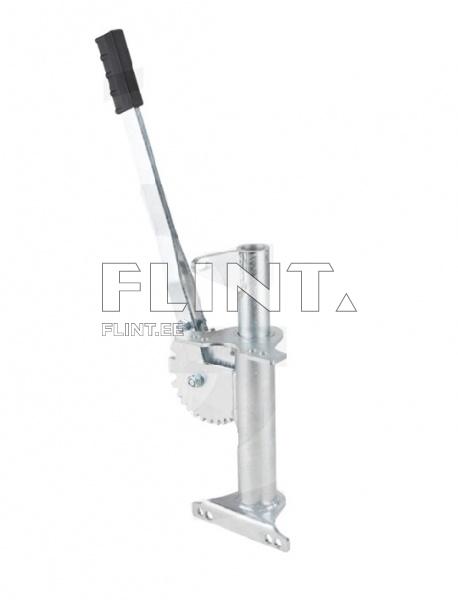 The product is a manually operated handle made of metal. It features a wheel mechanism that allows lifting and lowering motions. The base of the product includes a separate mounting element.