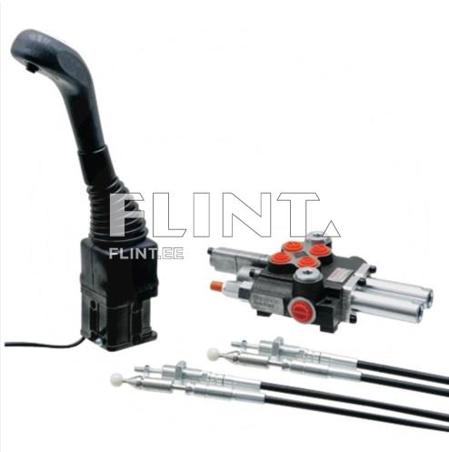 The product features a hydraulic pump with a black handle and a flexible boot. It connects to two metal rods and a control block that has red and gray buttons.