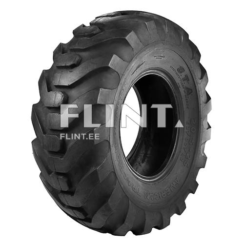 The image shows a large black tire with deep and wide tread patterns designed for strong grip and stability. The sidewall of the tire is rounded, and the tread design is robust.
