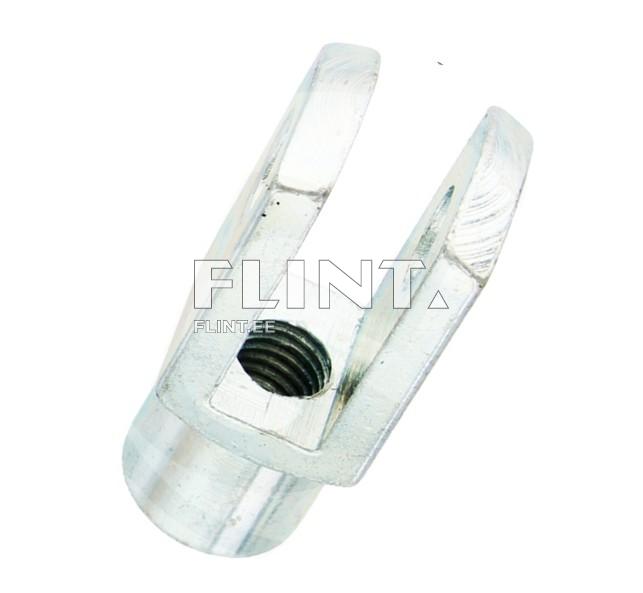 The item is a metallic product with a Y-shaped opening. One end features a spherical connection, while the other end has a threaded hole.