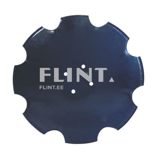 A round black metal plate with six wavy edges. The center of the plate features four small holes arranged symmetrically.