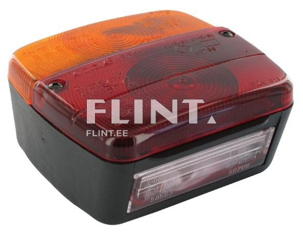 The product is a square signal lamp with an orange lens on top and a red lens below. The bottom part of the housing is black, and there is a visible white light source.