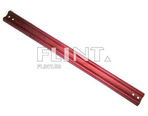 A long red metal strip with two round holes at the top for mounting purposes.