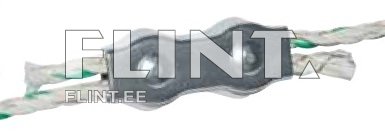 Pildil on must elektriühenduskaabel, millel on kaks valget traati. Kaabli keskel on hall plastmassist ühendusosa, millel on kaks ümarat tuge, mille kaudu juhe on ühendatud.