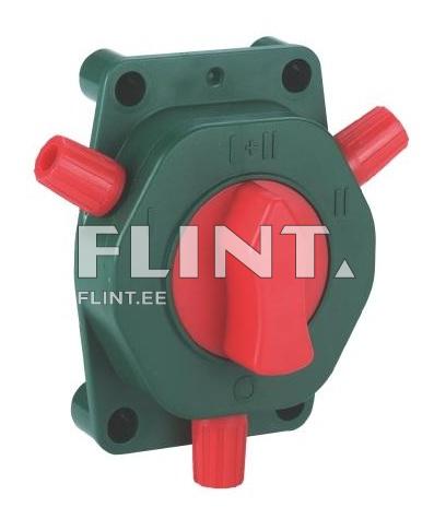 The product features a green housing with red knobs. In the center, there is a large red rotating knob divided into two sections. Red knobs are positioned on the sides of the housing, indicating input and output flows.