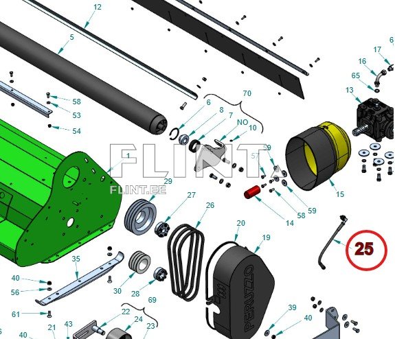 Pildil on roheline komponent, millel on eristuvad detailid ja numbritega osad. Ümbritsevad osad on peenemad ja sisaldavad erinevaid mutreid ja kiipe.