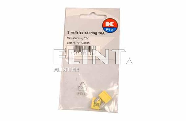 The packaging contains two small fuses, with a maximum voltage rating of 32V and 20A. The fuses are yellow, and there is a barcode on the package.