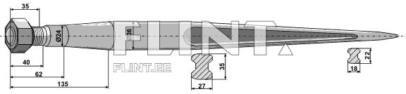 Toode on terav otsik, millel on mutter ja erinevad mõõdud. Otsiku pikkus on 135 mm, laiem osa 40 mm ja kitsas osa 18 mm. See on valmistatud metallist ja sisaldab mõõtmisi, mis on märgitud joonisel.