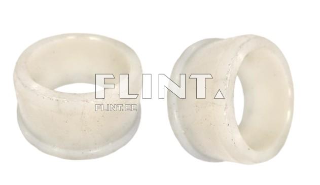 Two white rings with a smooth, polished surface. One ring has a slightly wider shape while the other has a more subtle design.