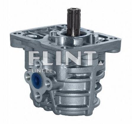 The product is a silver hydraulic cylinder with a round base and an extended input shaft. It features a high side profile with multiple cooling vents.