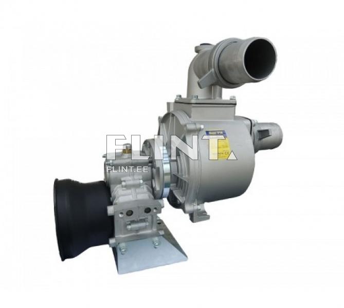 The product is a stainless steel pump with various air and hose connections. It is mounted on a base and includes labels indicating specifications.