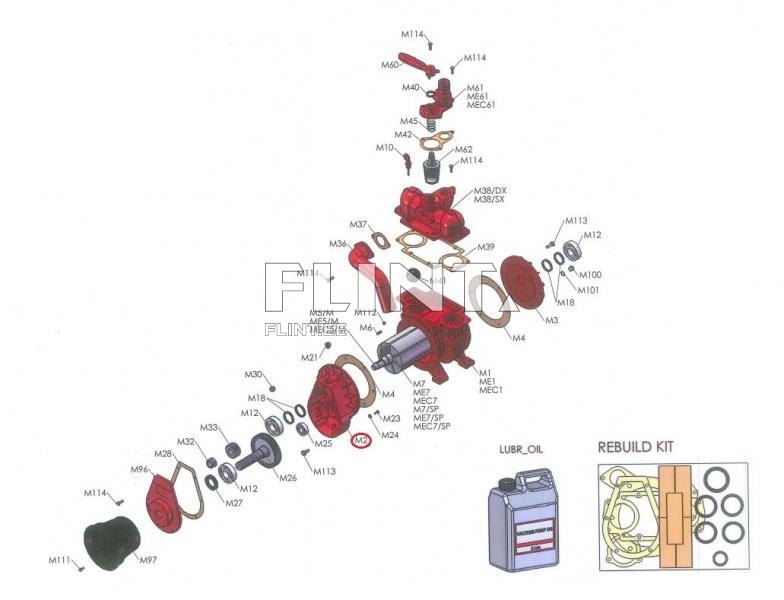 The image displays a detailed diagram of components featuring a red pump and various parts including seals, gaskets, and fittings. At the bottom, lubricant oil and a rebuild kit are shown.
