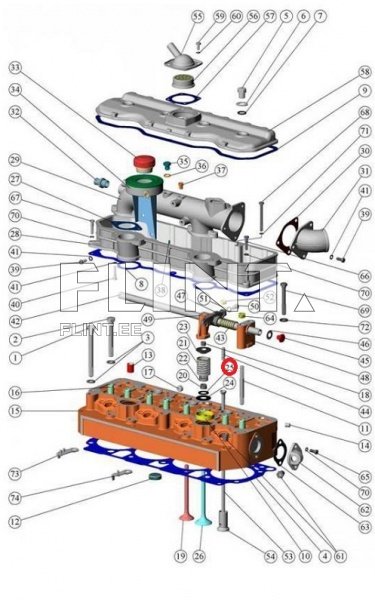 Pildil on mootori peasilinder, millel on erinevad koostisosad selgelt nummerdatud. Peal on vaakumklapp ja malmist peabung, mille koostisosad on hajutatud ühtlaselt üle kogu pildi, mis hõlbustab mõistmist.