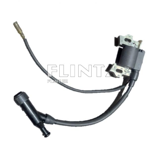 The component features a black plastic body and a metallic base. It has two different wires, one is rigid and made of nylon, while the other is flexible and rubber.