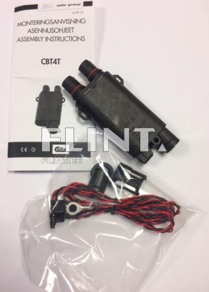 The image features a black plastic component with two openings equipped with red rings. Next to the component is the assembly instructions booklet titled "Assembly Instructions," accompanied by a set of subcomponents with red and black wires.