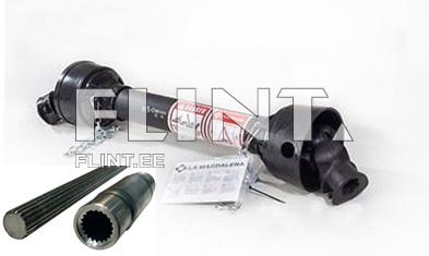 The image features a black rigid flexible shaft with a chain and a label. Below are two additional components: a rod and a round end piece.