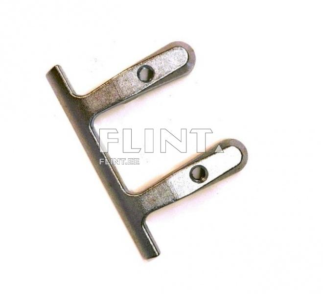 The product is a corner bracket with two sides featuring holes and a horizontal base line. It is made of metallic material and has a dark color.