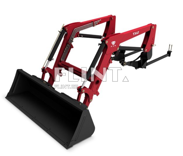 Punane kaevamisekraan, millel on suured kühvlid ja hüdraulilised silindrid. Tootenumber TX47 on selgelt nähtav. Konstruktsioon on tugev ja stabiilne.