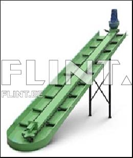 A green conveyor with an inclined structure and various steps. One end rests on the ground while the other is supported by legs. An electric motor is located at the top.