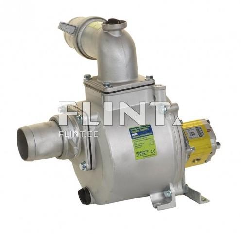 A silver and white pump with two tube connection points, one facing upwards and the other downwards. The pump features a yellow motor and has two mounting points at the bottom.