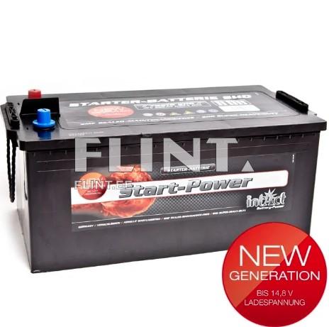 A black battery featuring a blue and red connector on the top. The front displays a prominent 'Start-Power' logo along with the text 'Starter-Batterie HD'. In the bottom left corner, there is a red circle stating 'NEW GENERATION'.