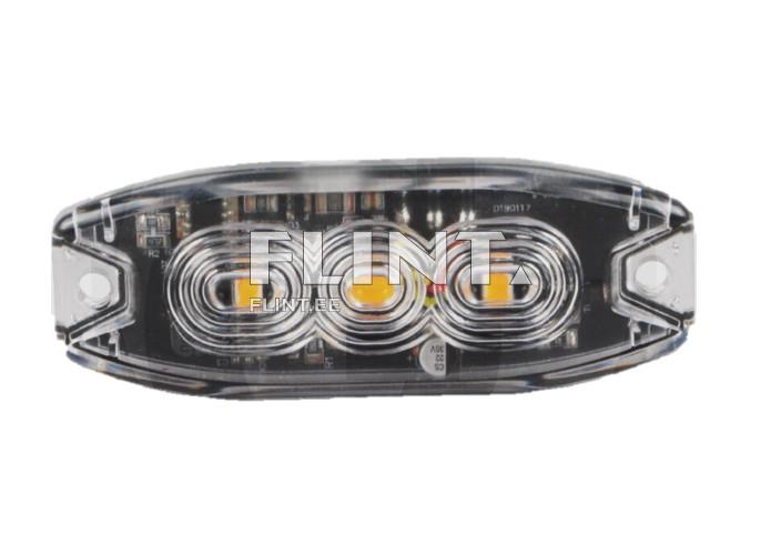 The product image features a clear LED light with three separate light elements in white and yellow. The light has rounded edges and includes two mounting holes on the sides.