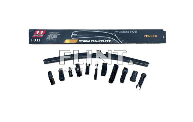 Pildil on universaalne windshieldi vihmuti, millel on hübriidtehnoloogia. Vihmuti on must ja seda ümbritseb mitme eri tüüpi kinnitustel olevate klambrite komplekt, mis on suunatud paremasse serva.